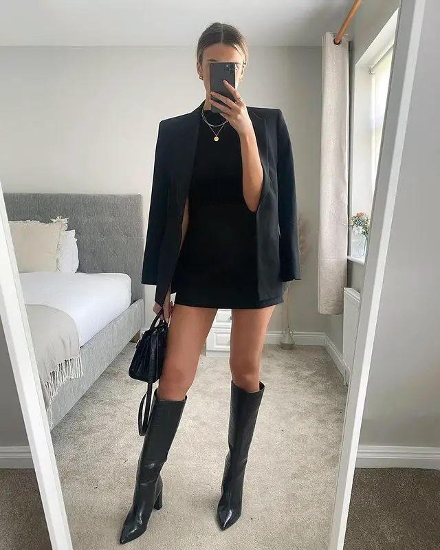 Mini Dress and Blazer with Black Leather Knee-High Boots — Knee High Boots Outfits