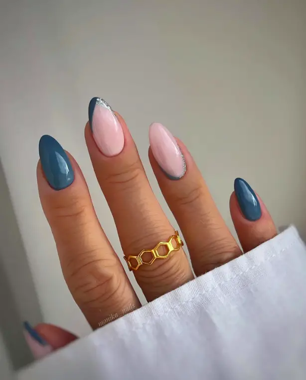 Teal French Tips with Silver Cuticle Line Teal French Tips with Silver Cuticle Line — Winter Acrylic Nail Colors