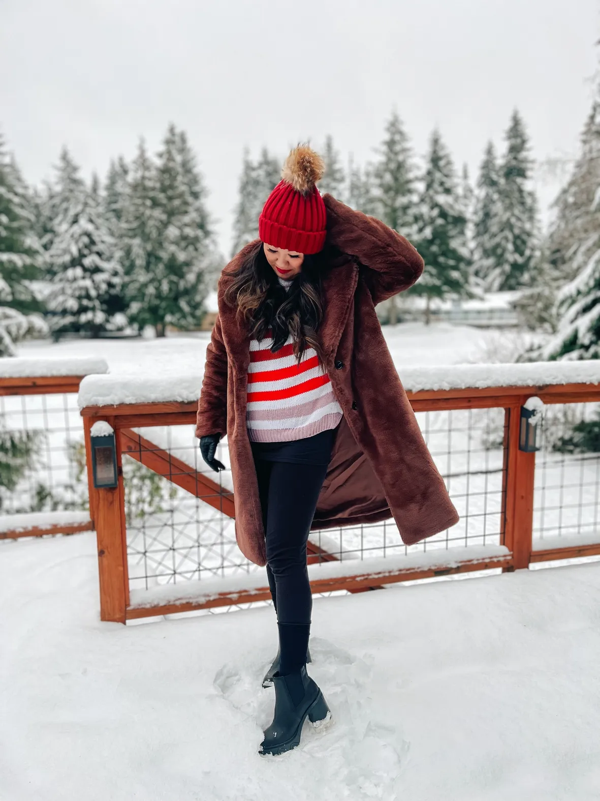Brown Faux Fur Coat and Red Beanie for a Cozy Snow Day — Snow Day Outfits