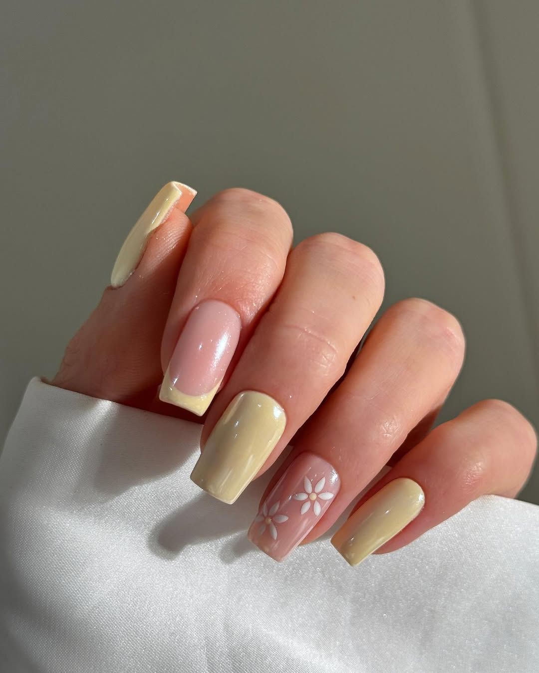 Pastel Yellow Coffin with Flower Accent Pastel Yellow Coffin with Flower Accent — Yellow Nail Designs