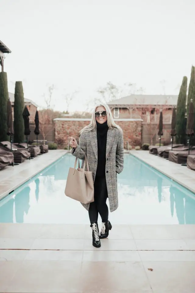 Grey Plaid Coat and Combat Boots for Urban Exploration — Winter Travel Outfits