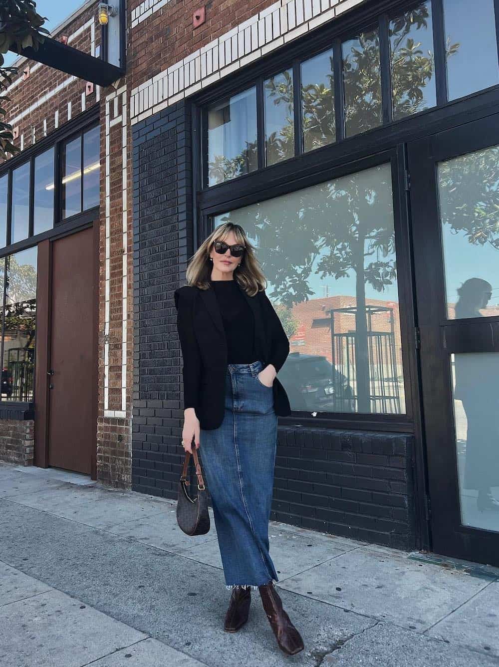 Denim Maxi Skirt with Black Blazer and Brown Boots Denim Maxi Skirt with Black Blazer and Brown Boots — Nashville Winter Outfits