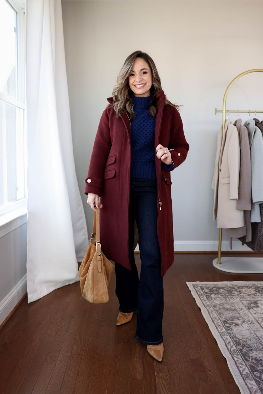 Burgundy Longline Wool Coat with Flare Jeans Burgundy Longline Wool Coat with Flare Jeans — December Outfits