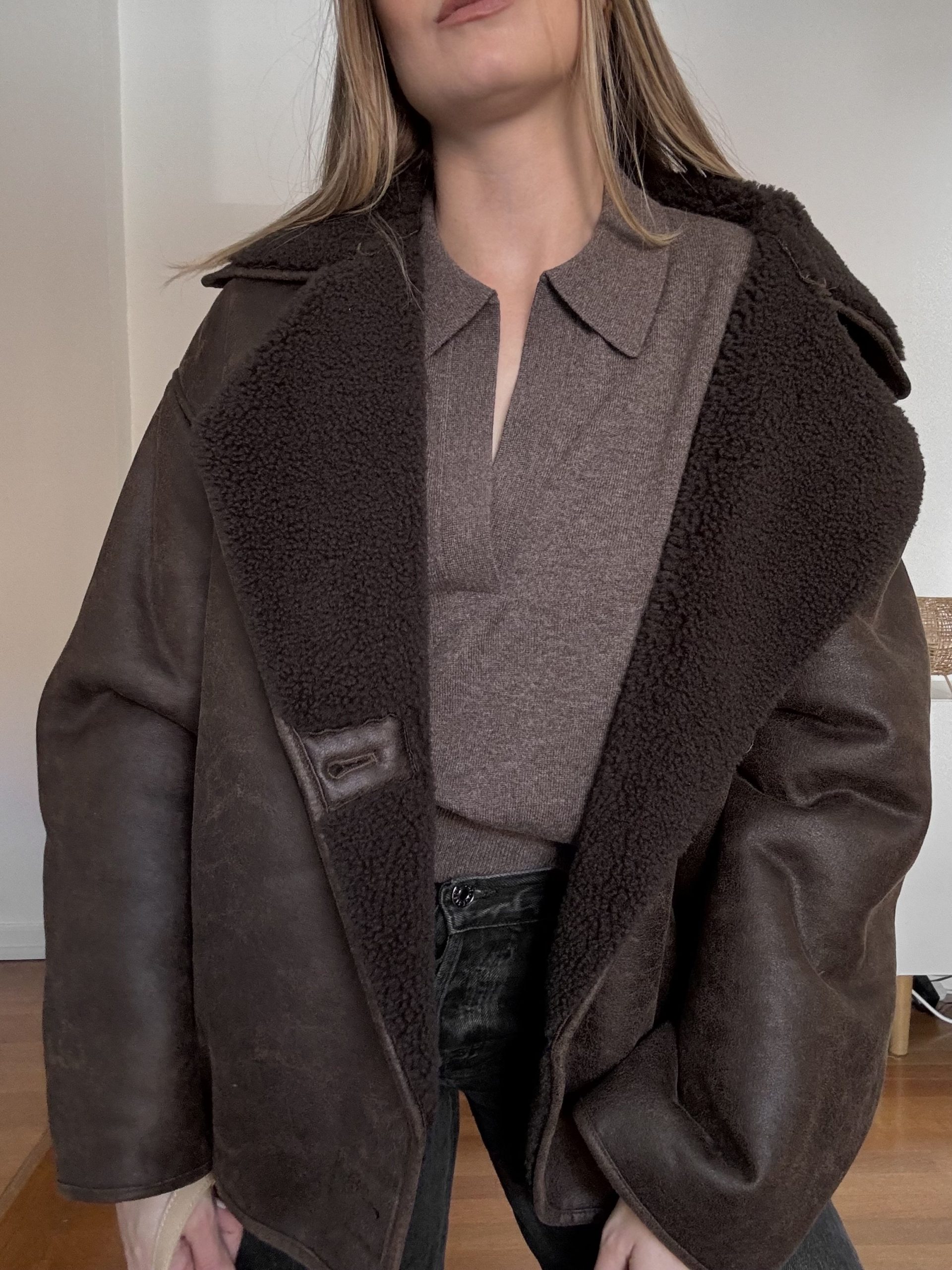 Shearling-Lined Jacket Over Collared Knit Sweater Shearling-Lined Jacket Over Collared Knit Sweater — Winter Layering Outfits