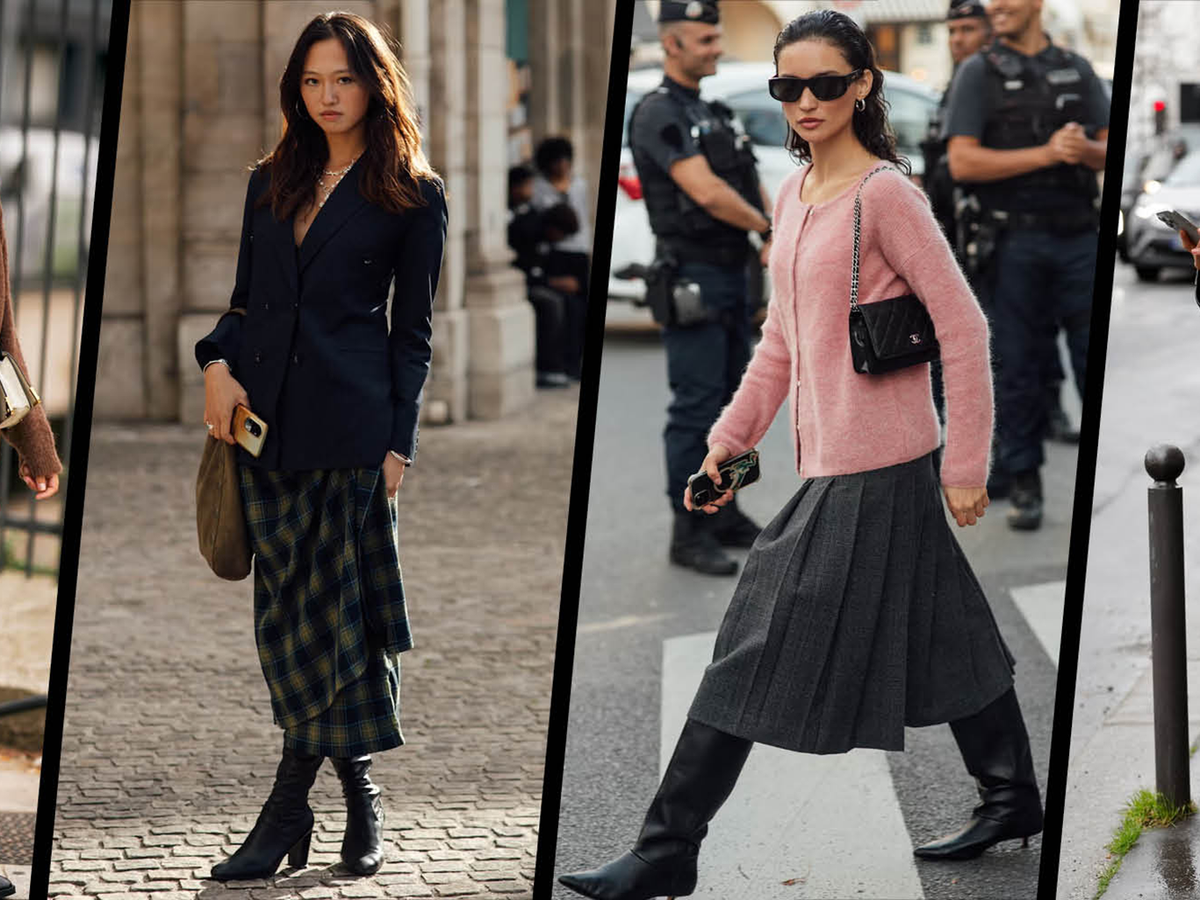 Knee-High Boots with Plaid Skirt and Navy Blazer Knee-High Boots with Plaid Skirt and Navy Blazer — Black Boots Outfits