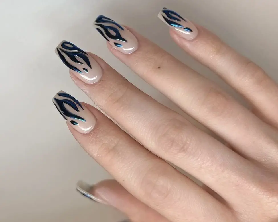 Sheer Nude with Dark Blue Flame Chrome Accents — Chrome Nail Designs