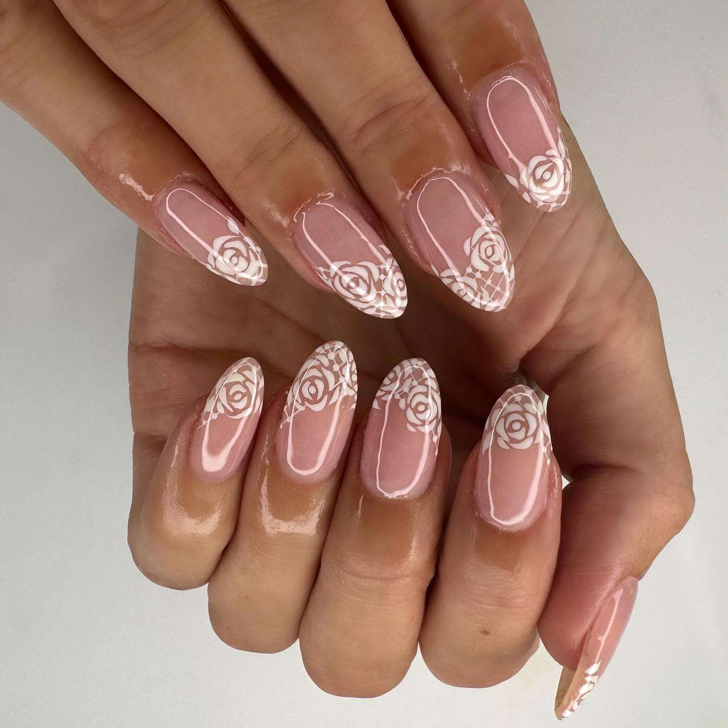 White Lace Rose Oval Nails — Lace Nails