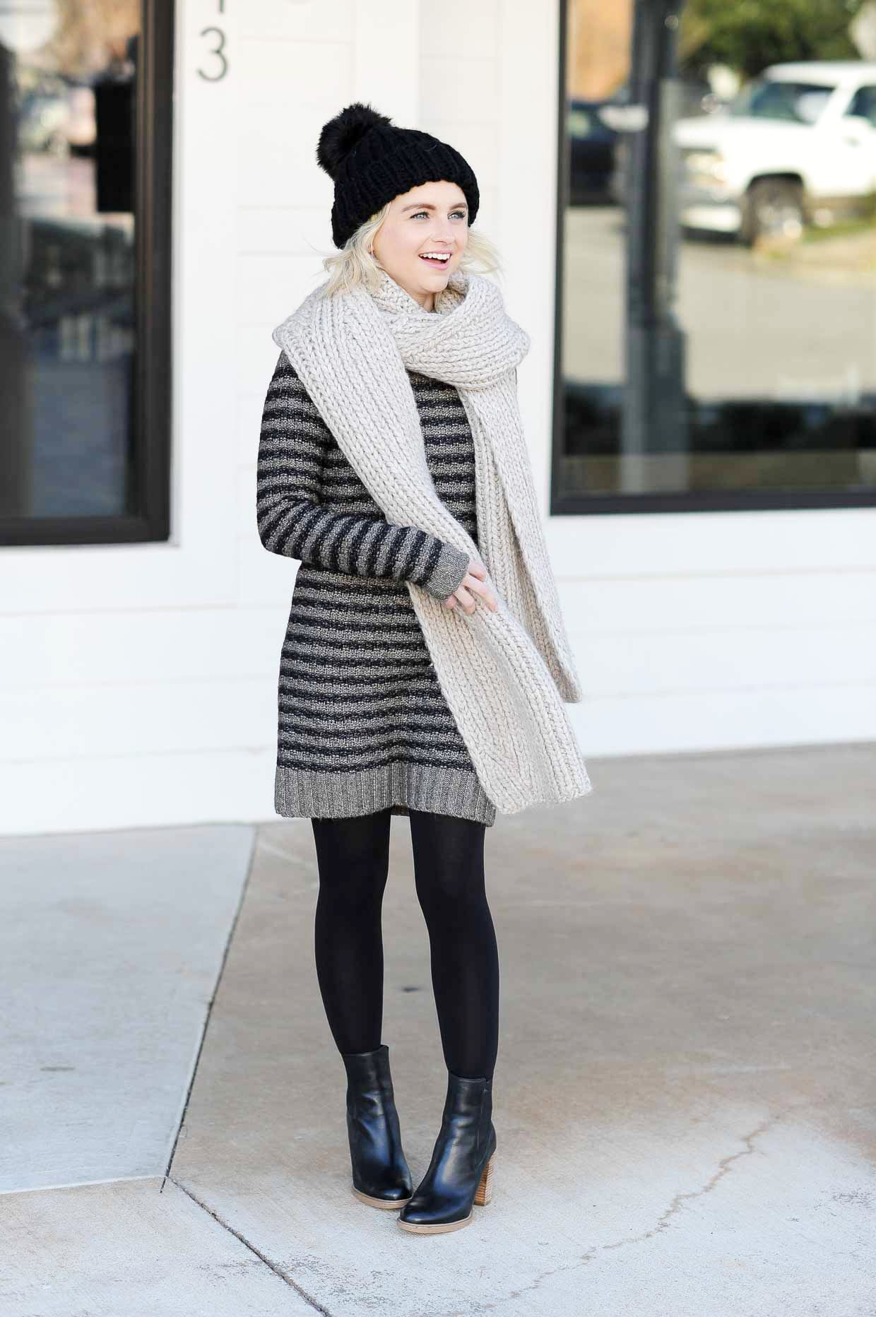 Striped Sweater Dress with Oversized Scarf — Winter Outfits for Petite Women