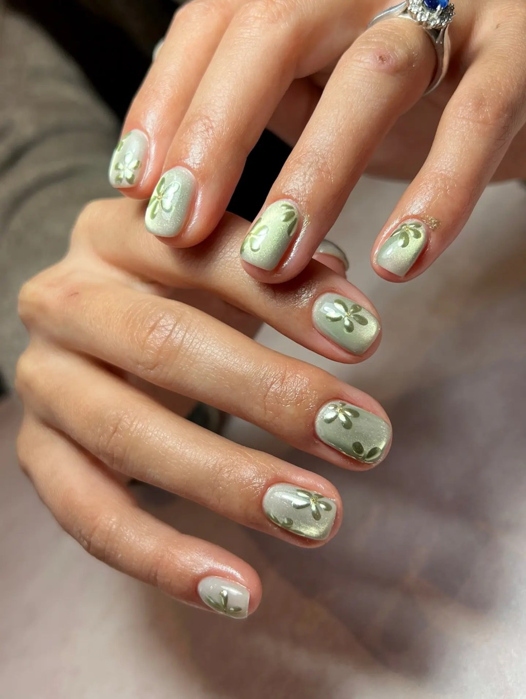 Light Green Floral Satin Shimmer Nails Light Green Floral Satin Shimmer Nails — Green Nail Designs