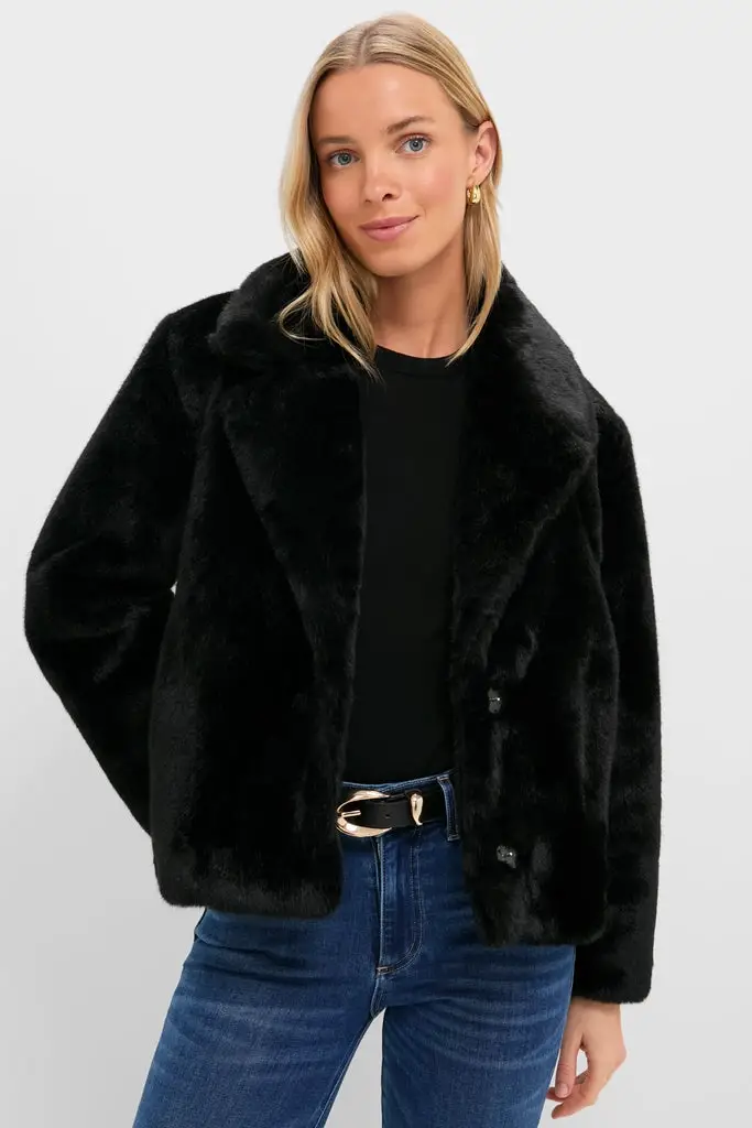Cropped Black Faux Fur Jacket with Gold Accents Cropped Black Faux Fur Jacket with Gold Accents — Faux Fur Coat Outfits