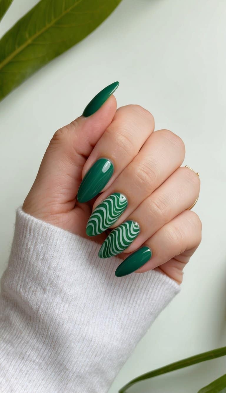 Emerald Green Wavy Line Almonds Emerald Green Wavy Line Almonds — Trendy Almond Nail Designs