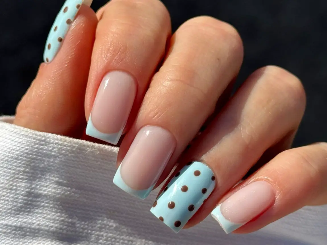 Light Blue French with Polka Dot Accent Light Blue French with Polka Dot Accent — Icy Blue Nails