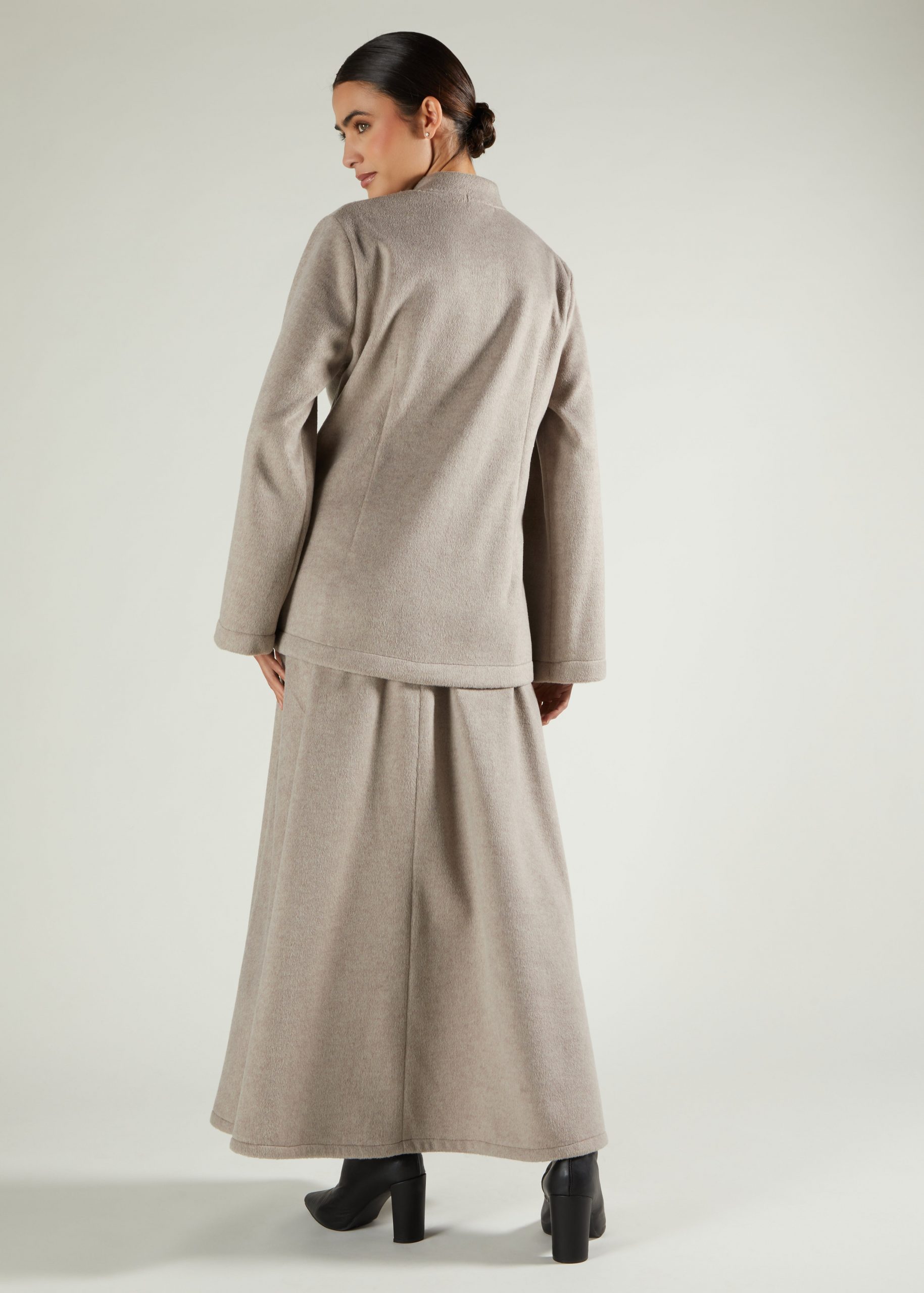 Neutral Beige Textured Co-ord Set with Black Boots for Casual Winter Neutral Beige Textured Co-ord Set with Black Boots for Casual Winter — Modest Winter Outfits