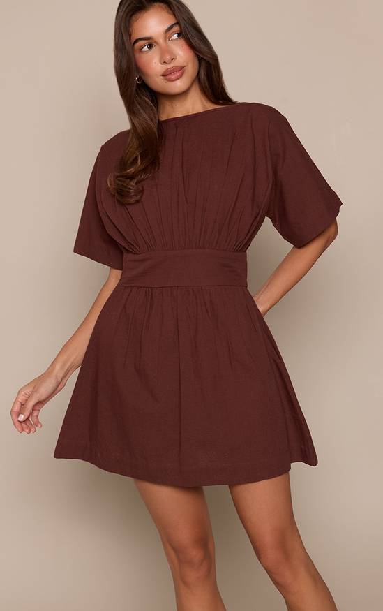 Medium Brown Linen-Look Shift Dress — Chocolate Brown Outfits