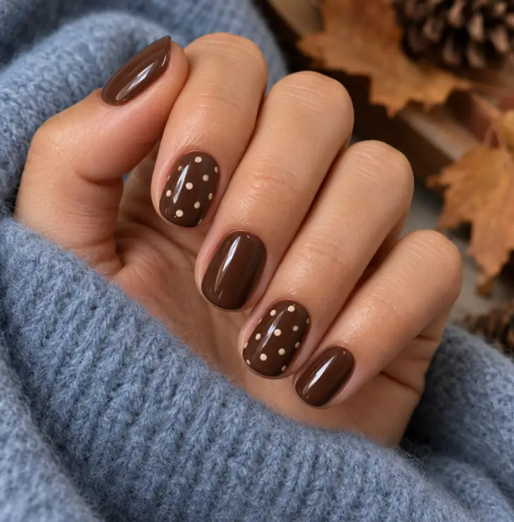 Deep Brown with Matte Beige Polka Dots — Brown Nail Designs
