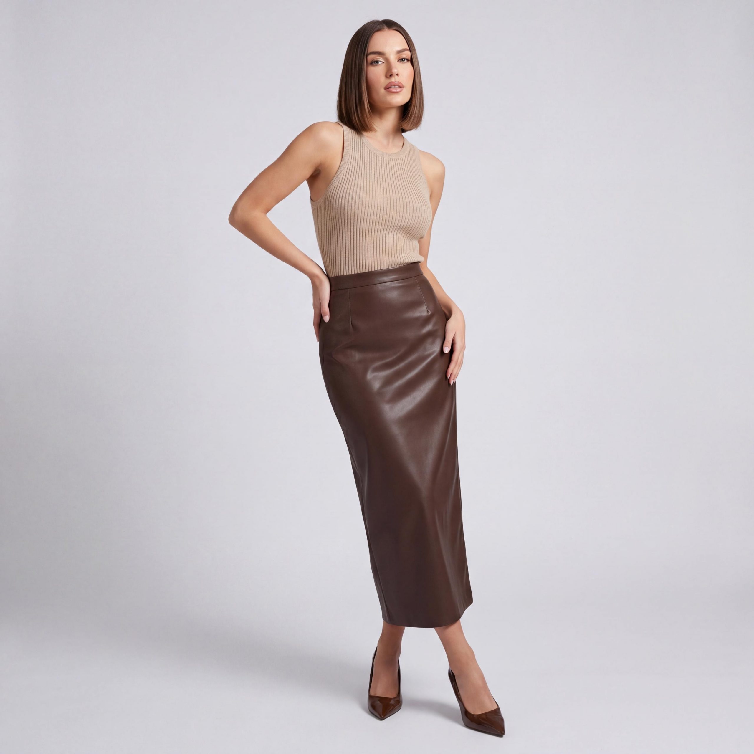 Effortless Monochromatic: Brown Leather Midi with Knit Top Effortless Monochromatic: Brown Leather Midi with Knit Top — Leather Skirt Outfits