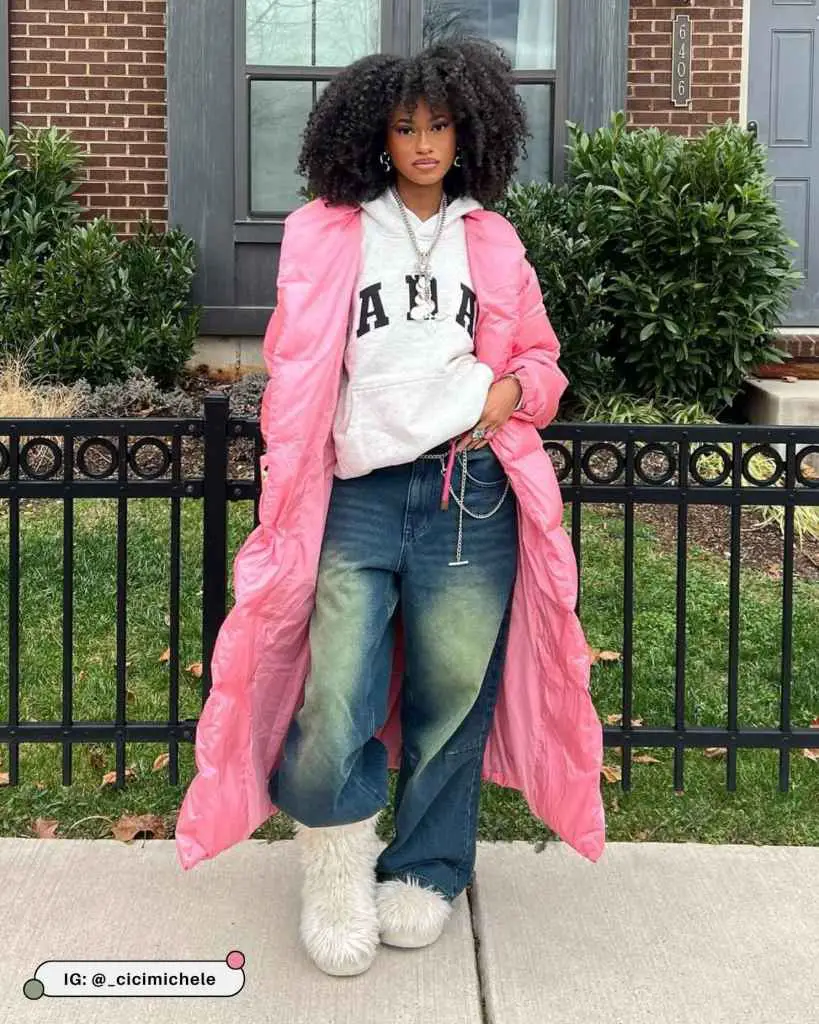 Pink Longline Puffer with Acid-Wash Jeans and Fuzzy Boots Pink Longline Puffer with Acid-Wash Jeans and Fuzzy Boots — Winter Puffer Jacket Outfits