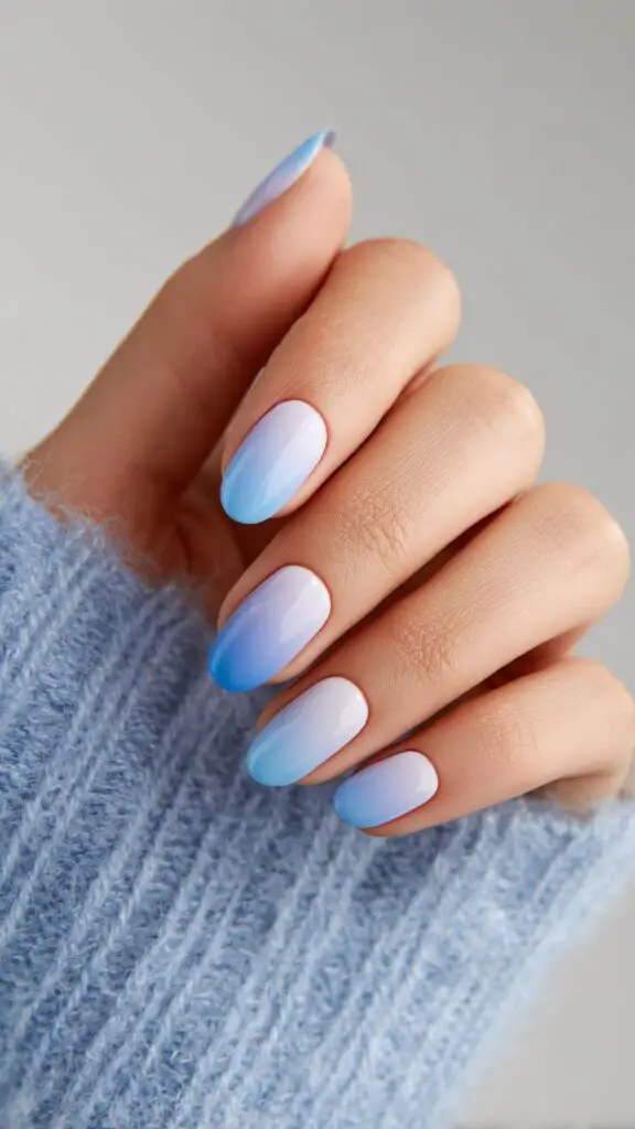 Blue to White Ombre Glossy Oval Nails Blue to White Ombre Glossy Oval Nails — Icy Blue Nails