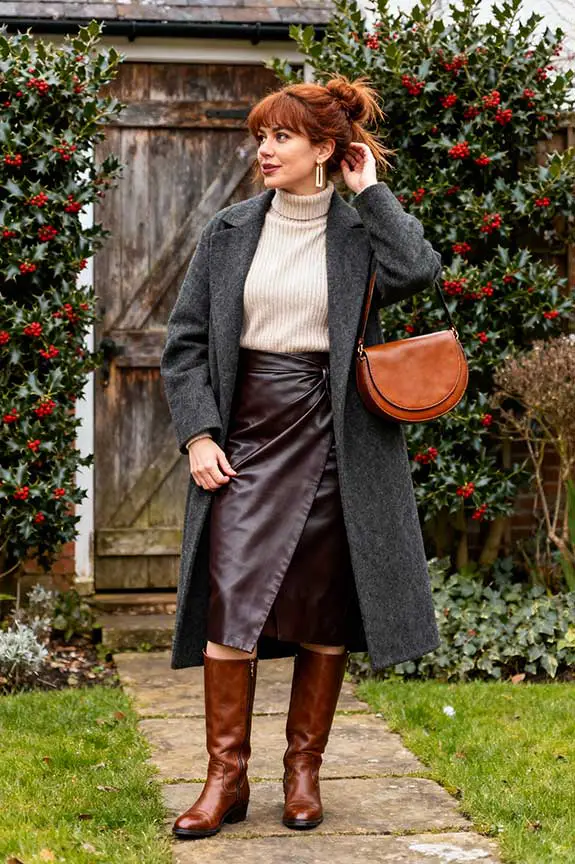 Textural Mix: Wool Coat with Leather Skirt — Old Money Winter Outfits