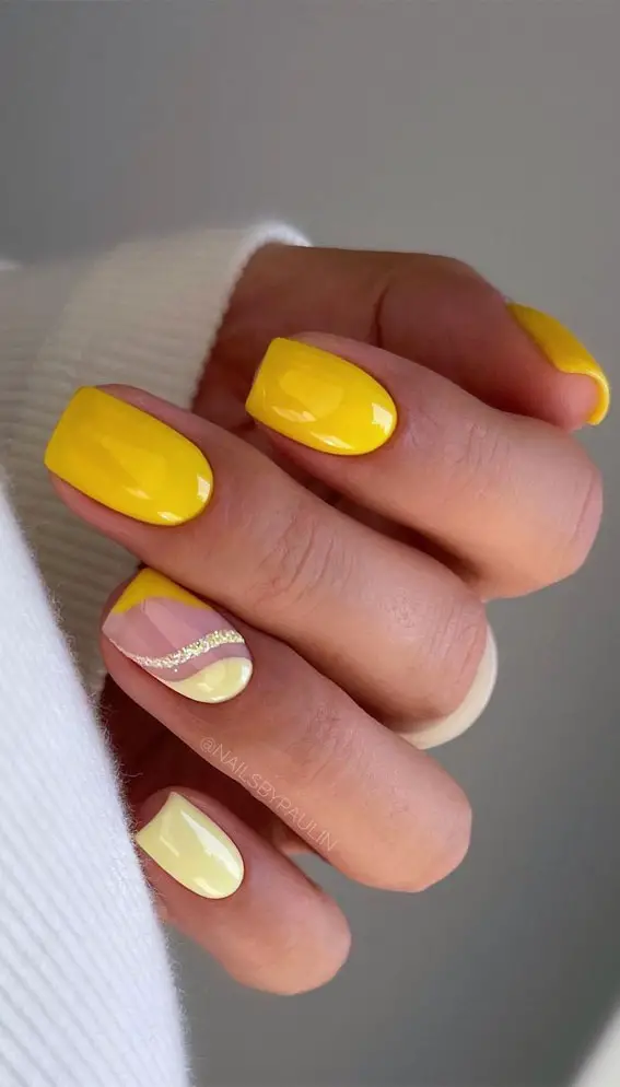 Short Square Wavy Glitter Lines Short Square Wavy Glitter Lines — Yellow Nail Designs