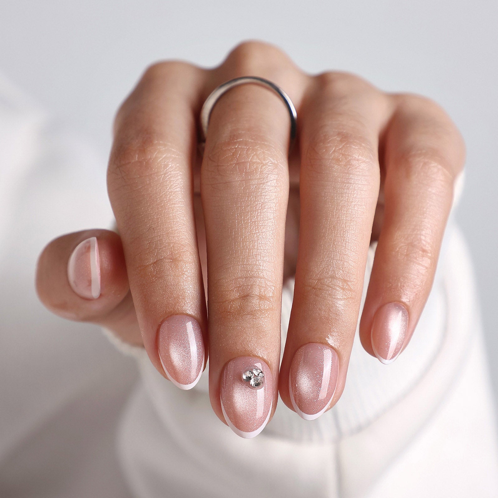 Pale Pink Shimmer French Rhinestone Pale Pink Shimmer French Rhinestone — Short Winter Almond Nails