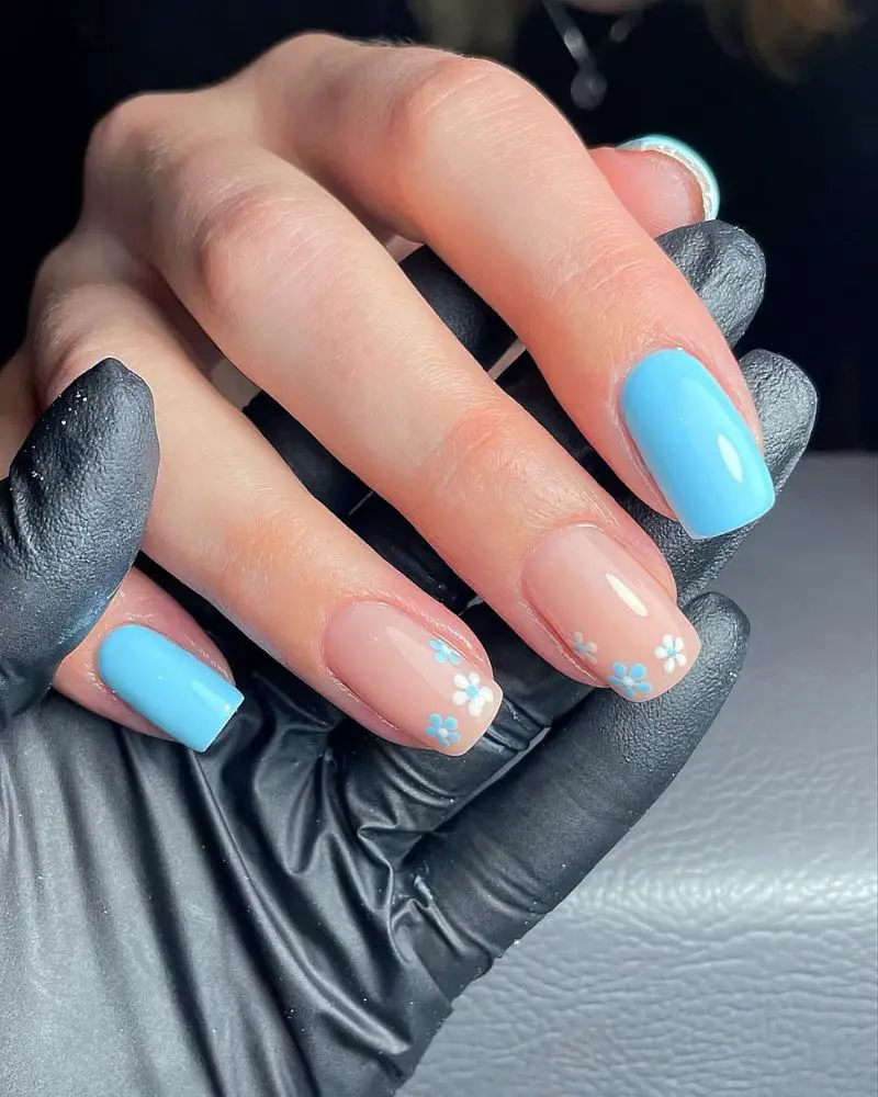 Sheer Nude Light Blue Floral Squares Sheer Nude Light Blue Floral Squares — Winter to Spring Transition Nails