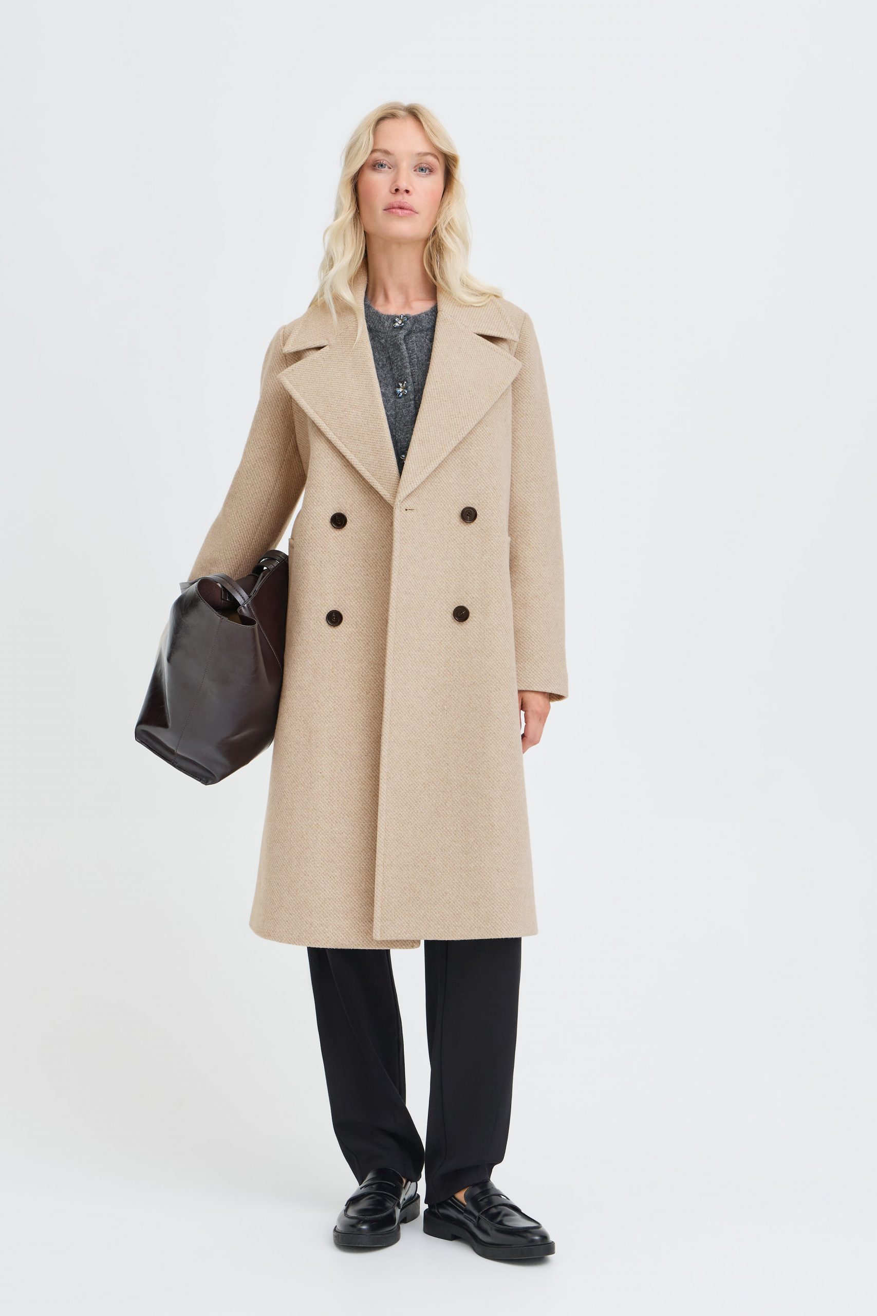 Beige Peacoat with Grey Knit Top and Black Trousers — Peacoat Outfits