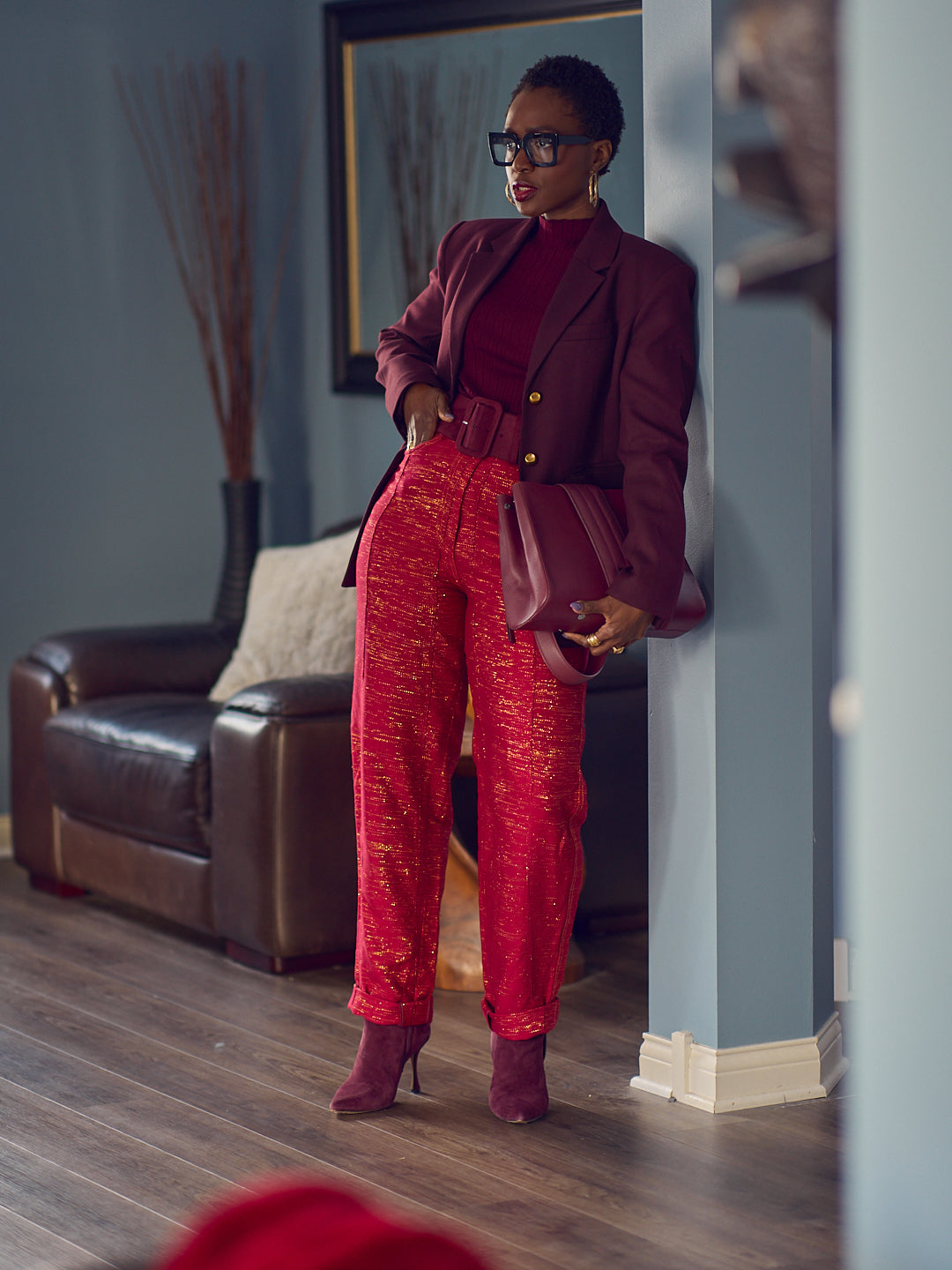 Burgundy Turtleneck and Blazer with Metallic Trousers Burgundy Turtleneck and Blazer with Metallic Trousers — Winter Party Outfits