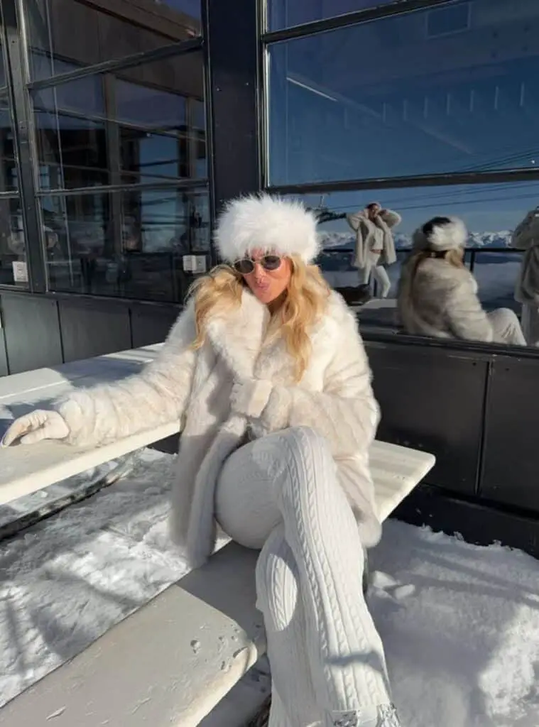 Luxurious White Faux Fur Coat with Matching Knit Pants — Winter White Outfits
