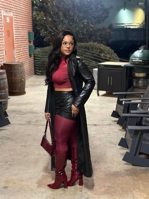 Burgundy Crop Top and Faux Leather Skirt with Trench Coat — Winter Birthday Outfits
