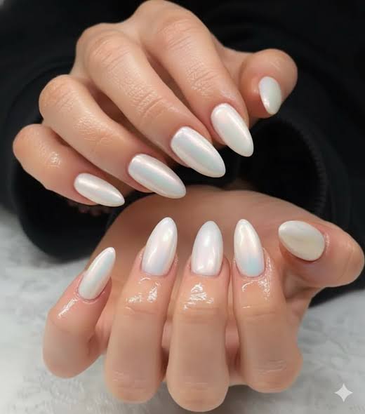 White Iridescent Pearlescent Almonds White Iridescent Pearlescent Almonds — Almond Nail Inspo