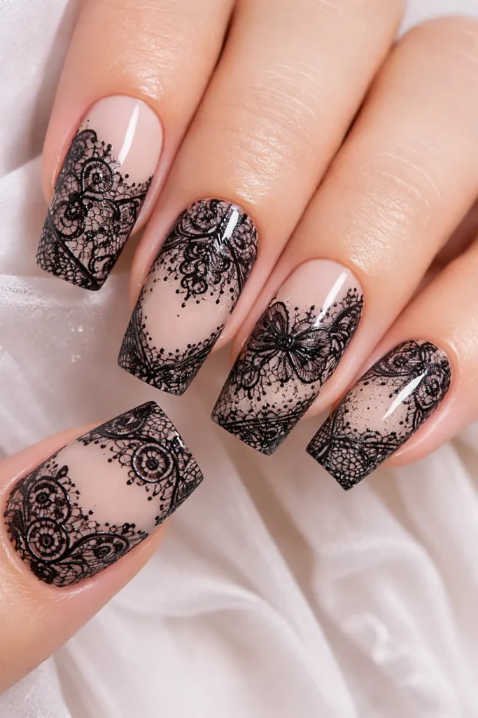 Medium Square Black Lace Overlay Medium Square Black Lace Overlay — Black Nail Ideas