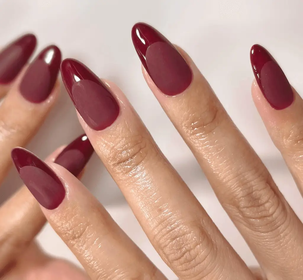 Long Oval Burgundy With Matte French Tips — Burgundy Nails