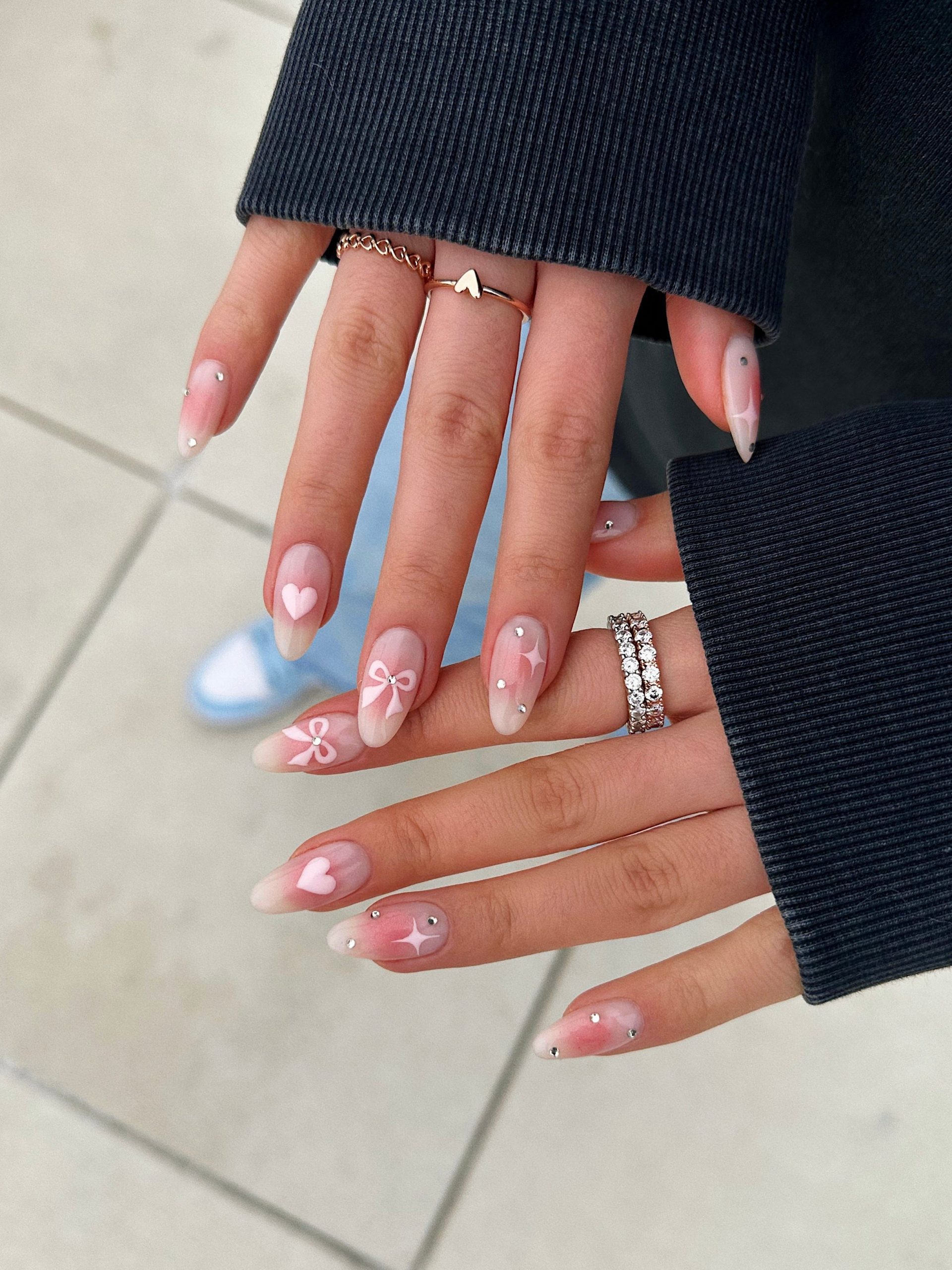 Sweet Pink Bows and Hearts Almonds Sweet Pink Bows and Hearts Almonds — Medium Length Winter Nails