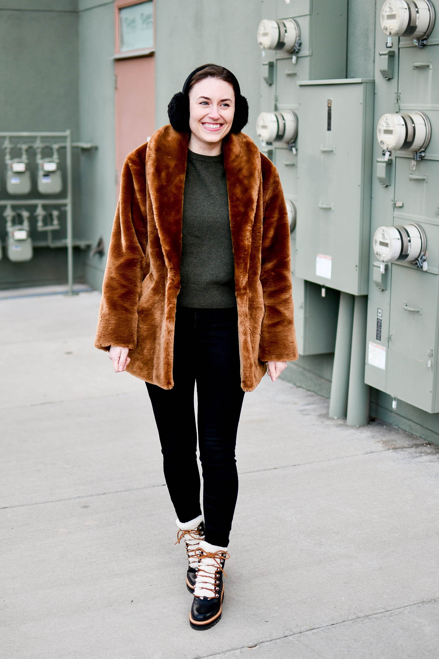 Voluminous Texture: Faux Fur Coat with Crewneck Sweater Voluminous Texture: Faux Fur Coat with Crewneck Sweater — Winter Outfits for Moms
