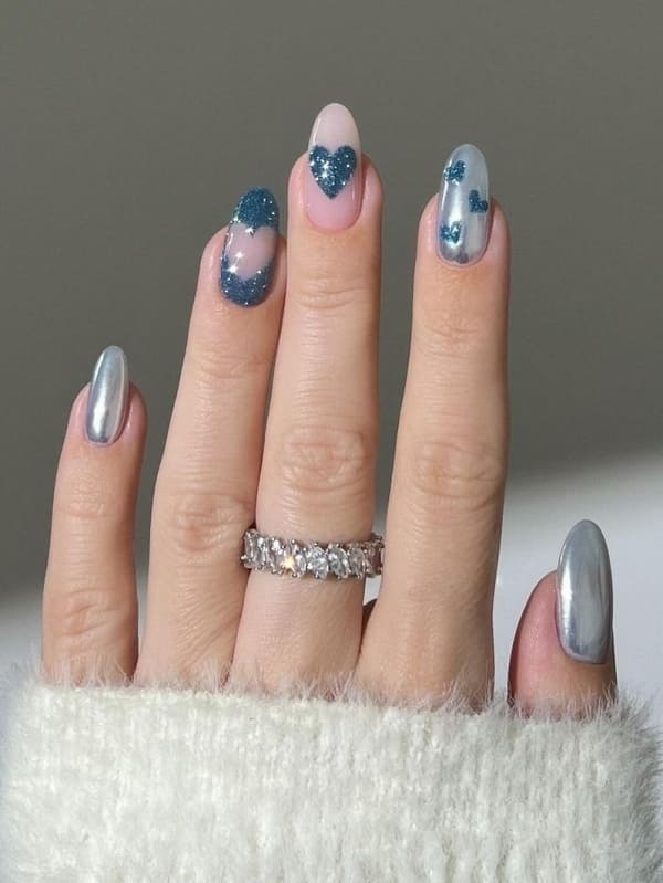 Metallic Silver with Blue Glitter & Hearts — January Nails
