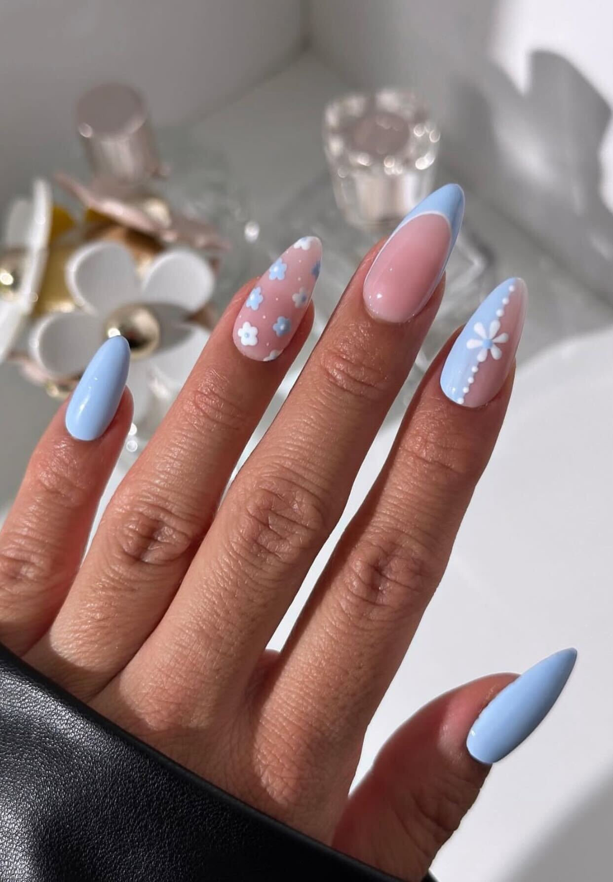 Floral Light Blue French Long Almond Nails Floral Light Blue French Long Almond Nails — Cute Nail Designs