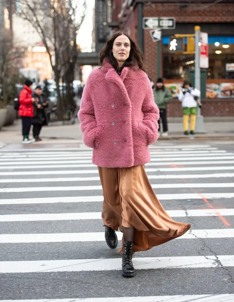 Striking Pink Teddy Coat Over Satin Maxi Dress — Colorful Winter Outfits