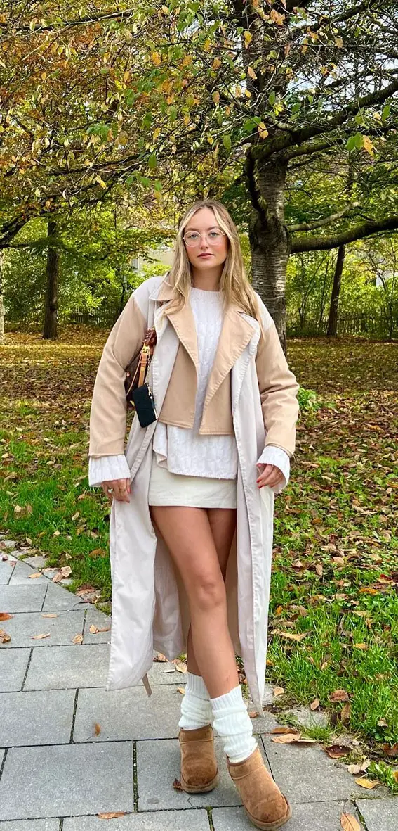 Pink Coat Over Cream Sweater and Tweed Skirt — Neutral Winter Outfits
