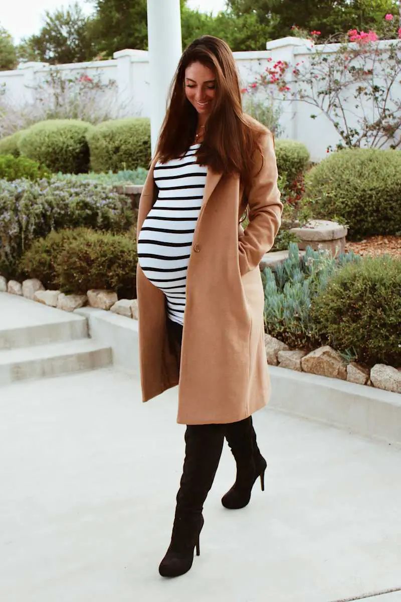 Camel Wool Coat Over Striped Maternity Dress Camel Wool Coat Over Striped Maternity Dress — Winter Maternity Outfits