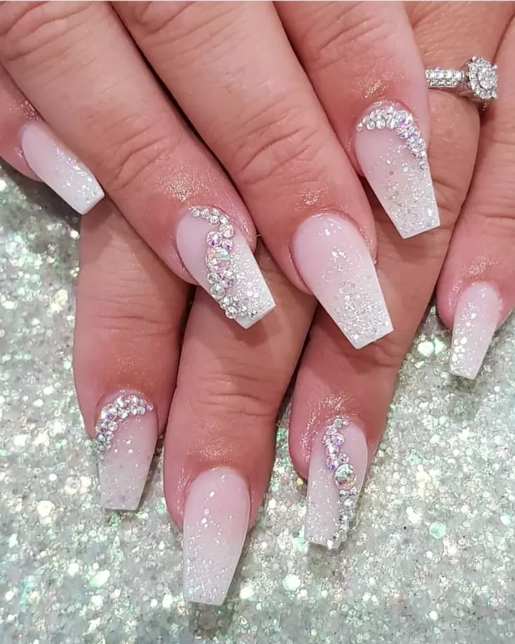 Glitter Glossy Rhinestone Cuticle Ombre Coffin Nails — Winter Wedding Nails