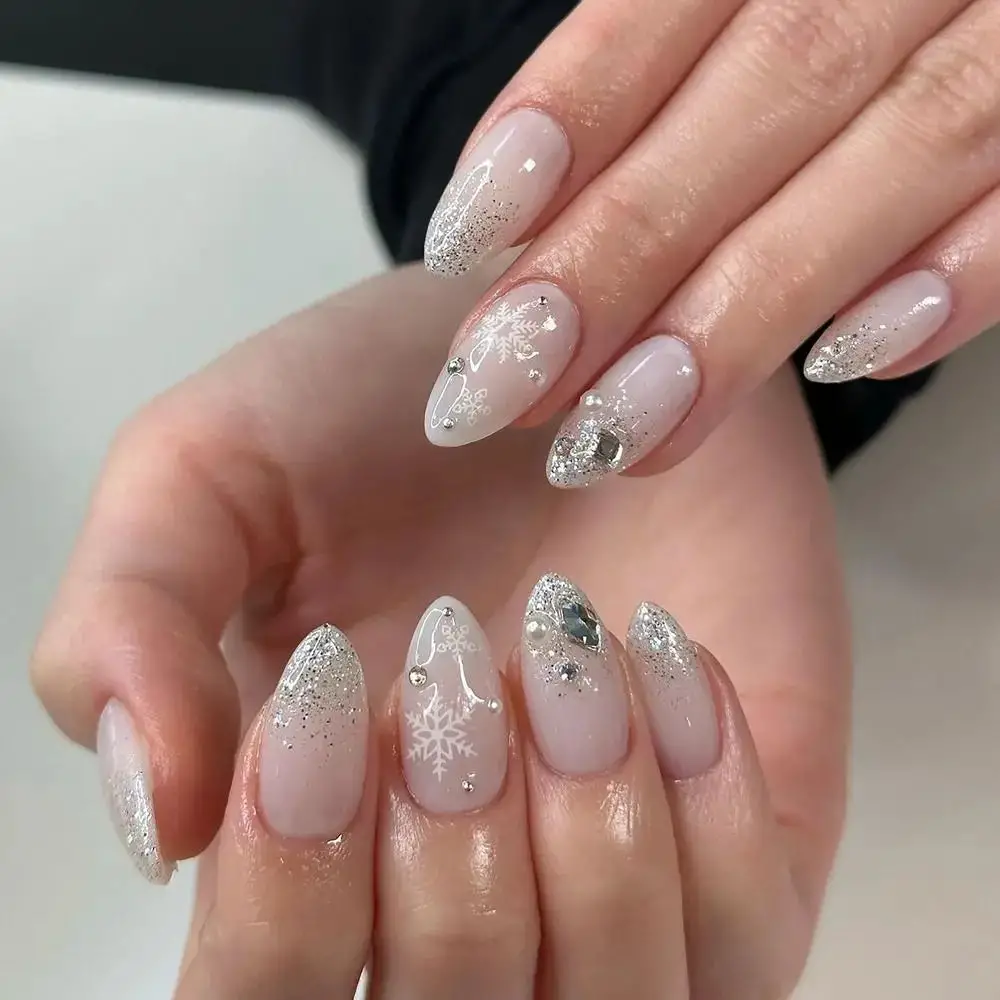 Milky White Oval Nails with Snowflakes and Gems — Winter Nail Art