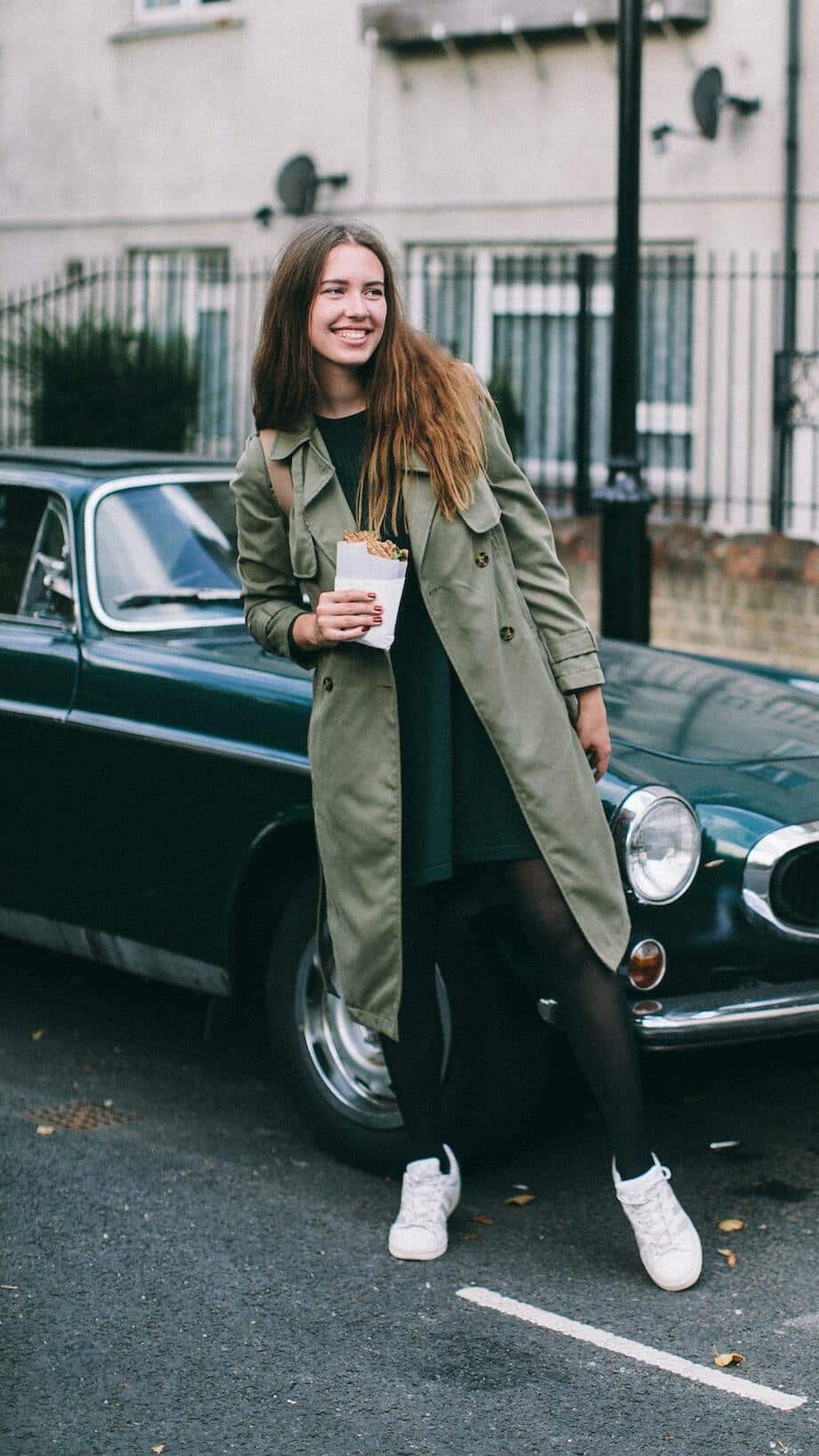 Olive Green Cotton Trench Coat with Dark Green Dress — Car Coat Outfits