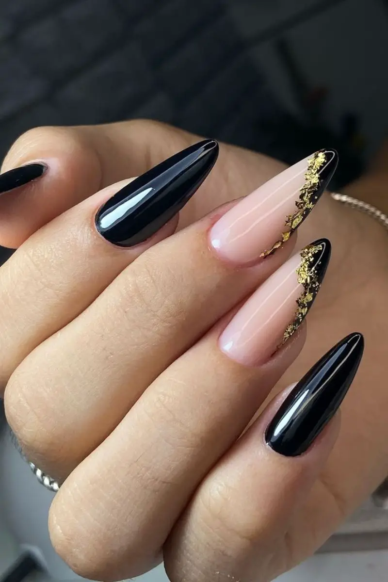 Nude Black Gold Foil French Stilettos Nude Black Gold Foil French Stilettos — Winter Stiletto Nails