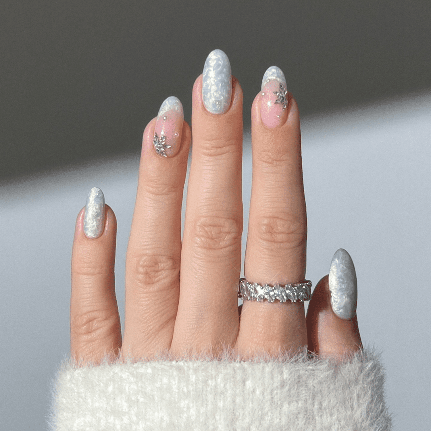 Pale Blue Silver Foil Snowflake Nails Pale Blue Silver Foil Snowflake Nails — Winter Wonderland Nails