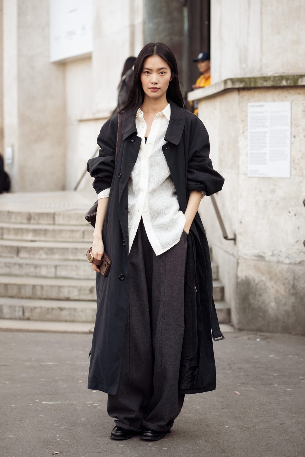 Black Oversized Trench Coat with White Shirt and Loafers — Long Coat Outfits