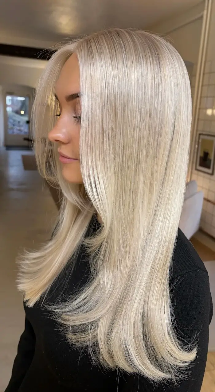 Sleek Icy Blonde Long Layered Bob Sleek Icy Blonde Long Layered Bob — Winter Haircuts for Oval Faces