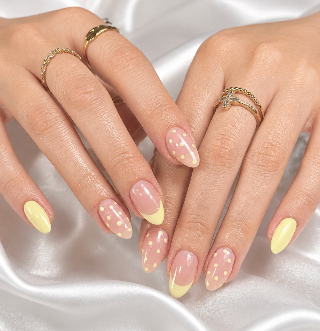 Medium Almond Yellow French with Polka Dots Medium Almond Yellow French with Polka Dots — French Nail Designs