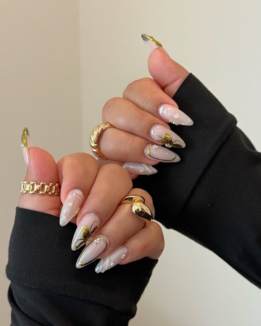 Milky White Iridescent Gold Almonds Milky White Iridescent Gold Almonds — Almond Nail Inspo
