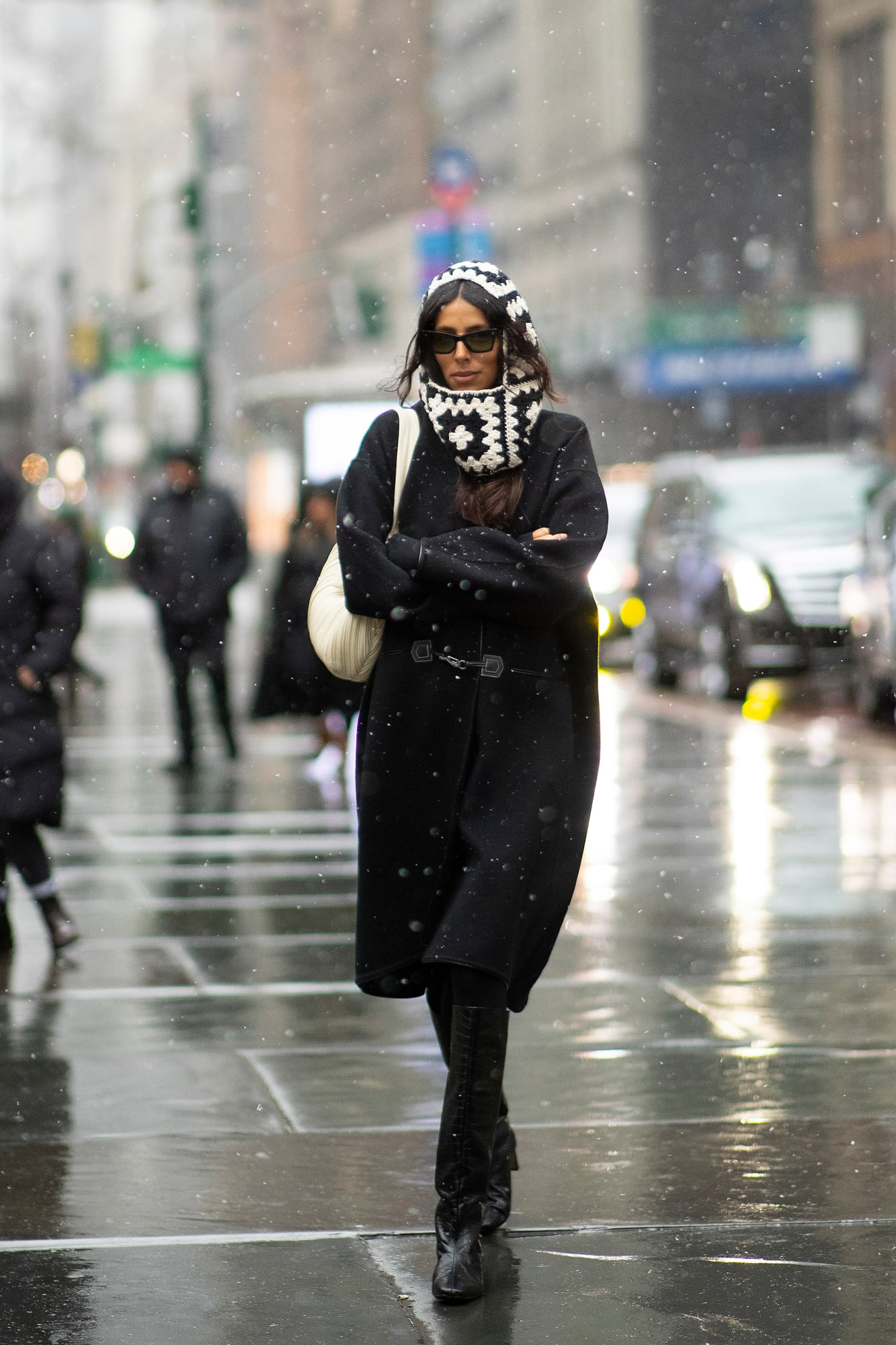 Chic Black Wool Coat with Graphic Knit Scarf and Headscarf Chic Black Wool Coat with Graphic Knit Scarf and Headscarf — NYC Winter Outfits